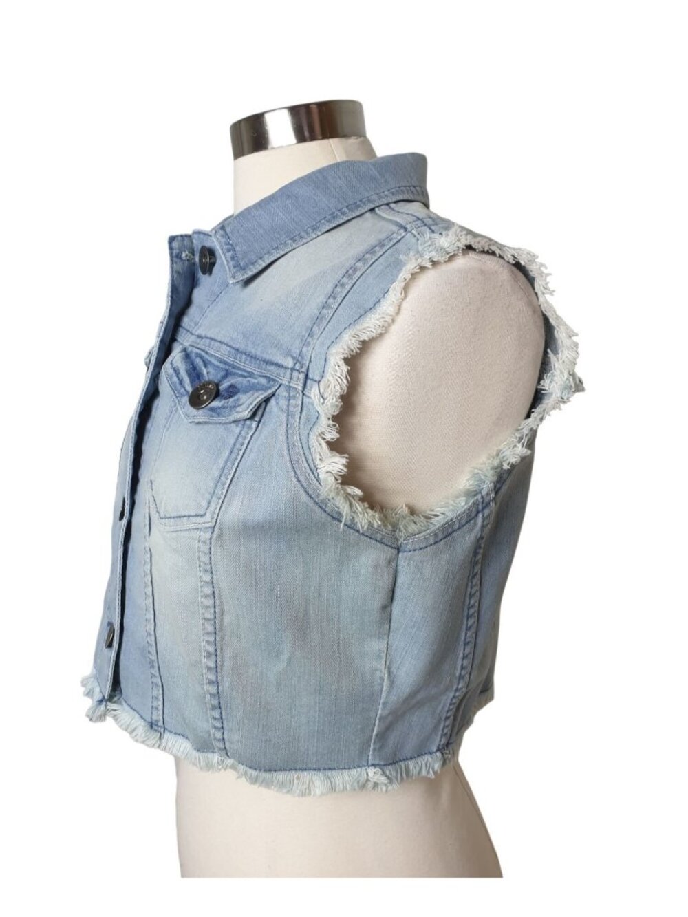Southpole Womens L Denim Vest Light Blue Frayed Edges Grunge Hip Hop Designer - Picture 3 of 9